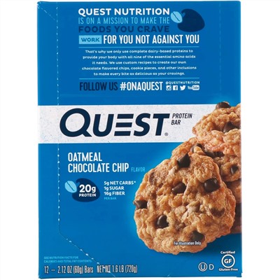 Quest Nutrition, протеиновый батончик, со вкусом овсяно-шоколадного печенья, 12 батончиков, весом 60 г (2,12 унции) каждый