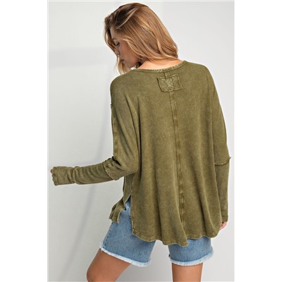 Green Raw Seam Mineral Washed Long Sleeve Top