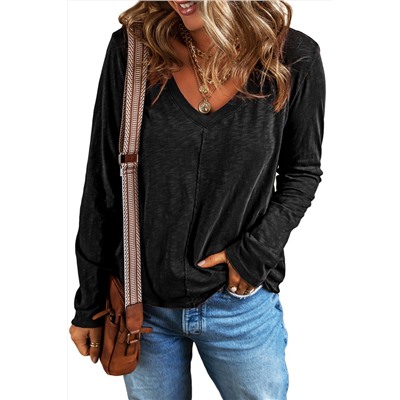 Black V Neck Center Seam Long Sleeve Tee