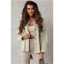 Green Distressed Fringe Trim Denim Jacket