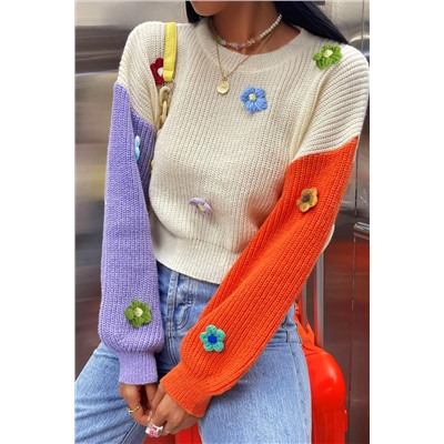 Multicolour Flower Applique Colorblock Drop Shoulder Sweater