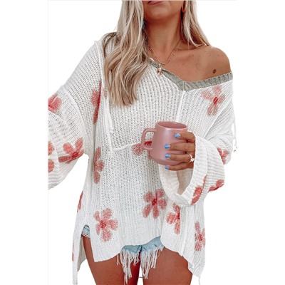 White Floral Print Lightweight Knit Hooded Sweater