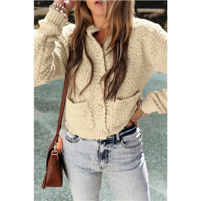 Oatmeal Pearl Buttons Popcorn Textured Sweater Cardigan