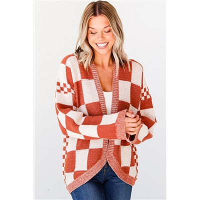 Chestnut Mix Checkered Open Front Knit Cardigan