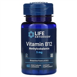 Life Extension, витамин B12, метилкобаламин, 5 мг, 60 вегетарианских леденцов