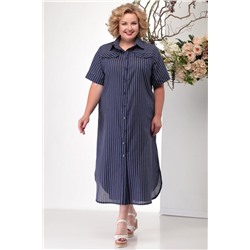 Платье-рубашка в полоску длинное с коротким рукавом синее