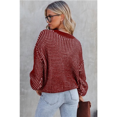 Red Heathered Knit Drop Shoulder Puff Sleeve Sweater