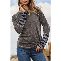 Gray Aztec Patchwork Ribbed Long Sleeve Top