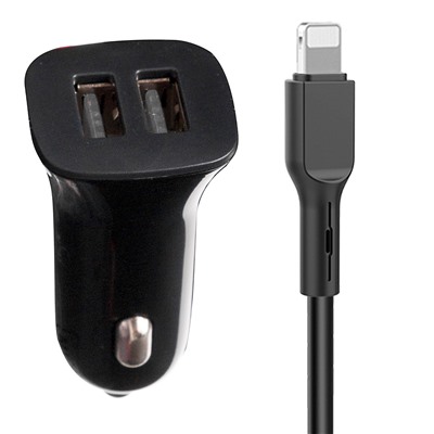 Адаптер Автомобильный с кабелем SKYDOLPHIN SZ08L 2USB/5V/2.4A +lightning (black) (206562)