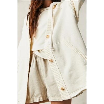 Beige Contrast Knit Patchwork Hooded Functional Coat