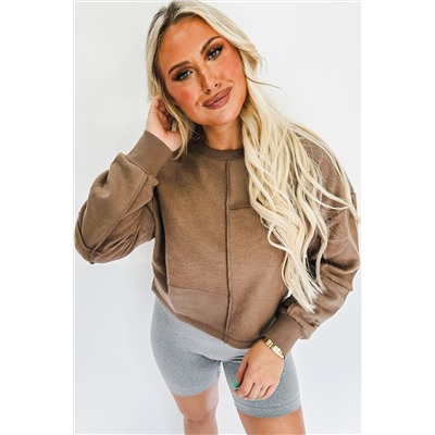 Coffee Solid Exposed Seam Pullover Sweatshirt