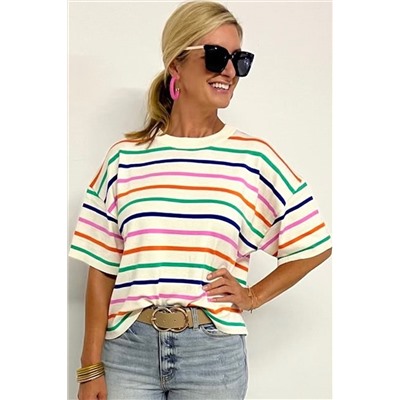 Beige Stripe Dropped Short Sleeve Boxy Fit Knitted Top