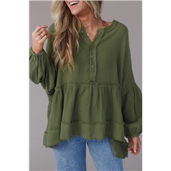 Green Henley Button Drop Shoulder Loose Sleeve Raw Edge Top