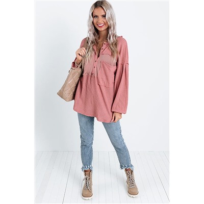 Pink Frayed Patchwork Waffle Knit Top