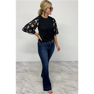 Black Star Sequin Splicing Half Sleeve Top