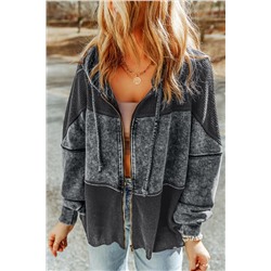 Gray Waffle Patchwork Vintage Washed Hooded Jacket