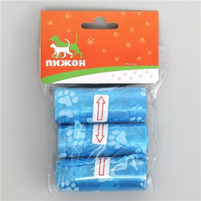 Пакеты для уборки за собаками с печатью (3 рулона по 15 пакетов 29х21 см), голубые