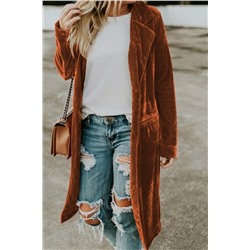 Brown Retro Velvet Long Sleeve Pocket Coat