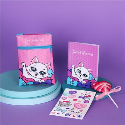 Подарочный набор для девочки «Котик», сумка,набор резинок,блокнот,тату