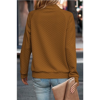 Chestnut Quilted Buttoned Neckline Stand Neck Pullover Sweatshirt