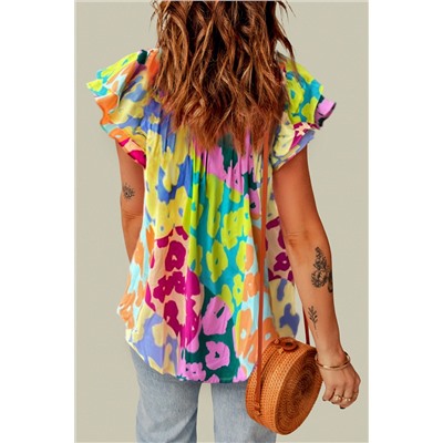 Multicolour Leopard Flutter Sleeve V Neck Crinkled Blouse