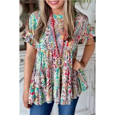 Purple Floral Print Ruffle Sleeve Babydoll Top