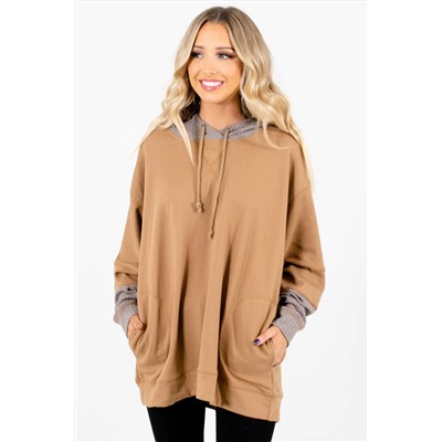 Camel Contrast Hood Patchwork Pocketed Baggy Sweatshirt