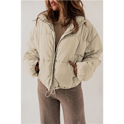 Apricot Zip Up Drawstring Hem Puffer Coat