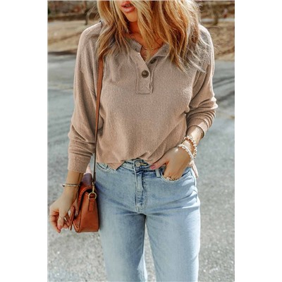 Apricot Button Split Neck Retro Patchwork Long Sleeve Top