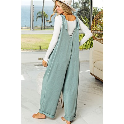 Moonlight Jade Corded Tie Straps V Neck Wide Leg Jumpsuit