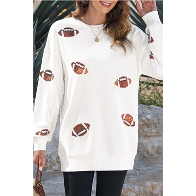 White Sequin Rugby Graphic Pullover Sweatshirt