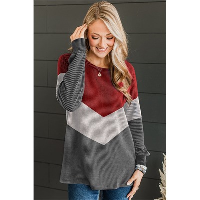 Medium Grey Color Block Corded Texture Long Sleeve Top