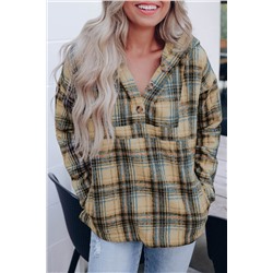 Khaki Plaid Button Neck Pocketed Pullover Hoodie