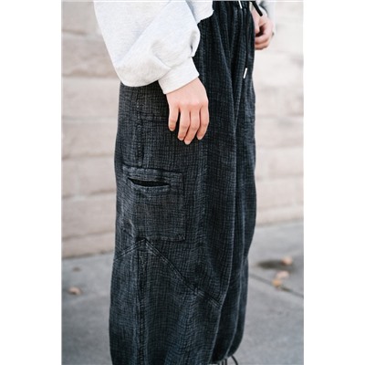 Black Mineral Wash Textured Drawstring Wide Leg Pants