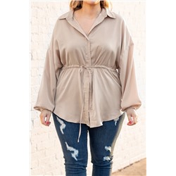 Light French Beige Plus Size Puff Sleeve Tied Tunic Shirt