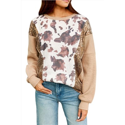 Smoke Gray Abstract Print Sequin Patch Pullover Top