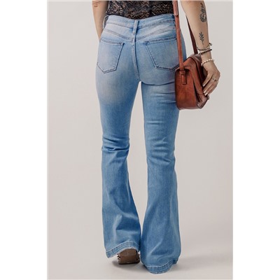 Beau Blue High Waist Button Front Ripped Flare Jeans
