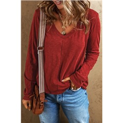 Fiery Red Sandalwood V Neck Center Seam Long Sleeve Tee