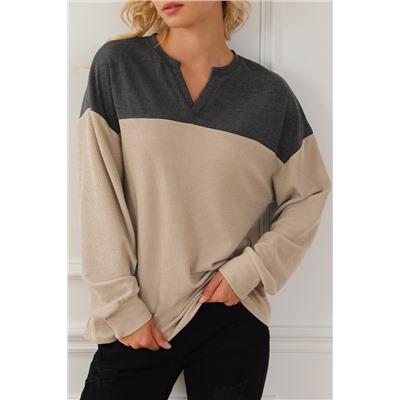 Carbon Grey Notched Neck Colorblock Corded Sweatshirt