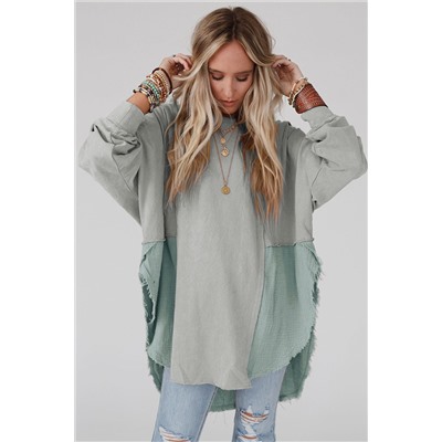 Grey Crinkle Splicing Raw Hem High Low Oversized Blouse