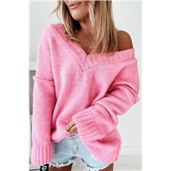 Pink Exposed Seam V Neck Slouchy Sweater