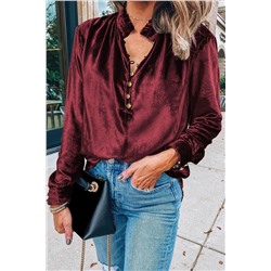 Biking Red Frilled Neck Buttoned Front Velvet Top