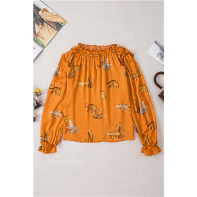 Orange Cheetah Printed Ruffled Sleeve Blouse