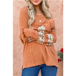 Apricot Leopard Splicing Exposed Seam Waffle Knit Top