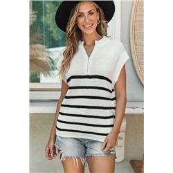 White Stripe Half Zip Split Stand Neck Sweater T-shirt