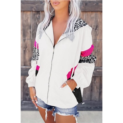 White Leopard Color Block Pockets Zip-up Hooded Jacket