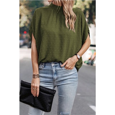 Mist Green Swiss Dot Mock Neck Batwing Sleeve Blouse