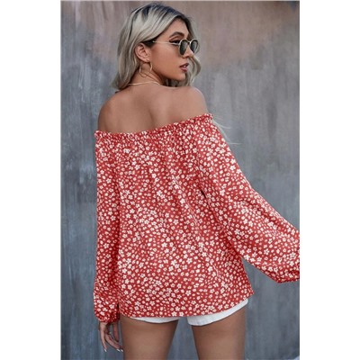 Fiery Red Floral Print Frill Trim Off-shoulder Lantern Sleeve Blouse
