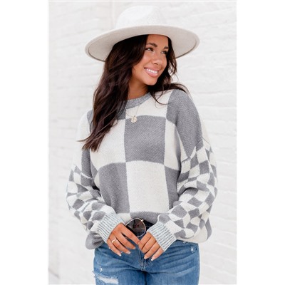 Medium Grey Checkered Print Drop Shoulder Sweater