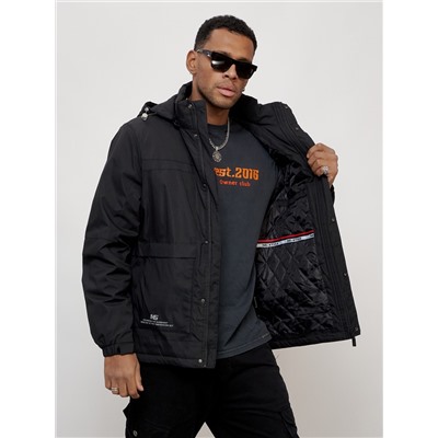 Куртка спортивная мужская весенняя с капюшоном черного цвета 88032Ch